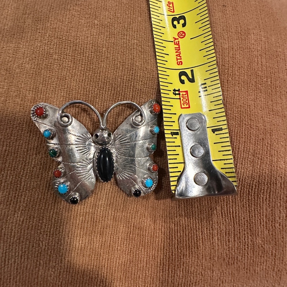 Vintage Sterling Silver Butterfly Pin Signed FY Navajo Turquoise Onyx YAZZIE - Picture 12 of 12